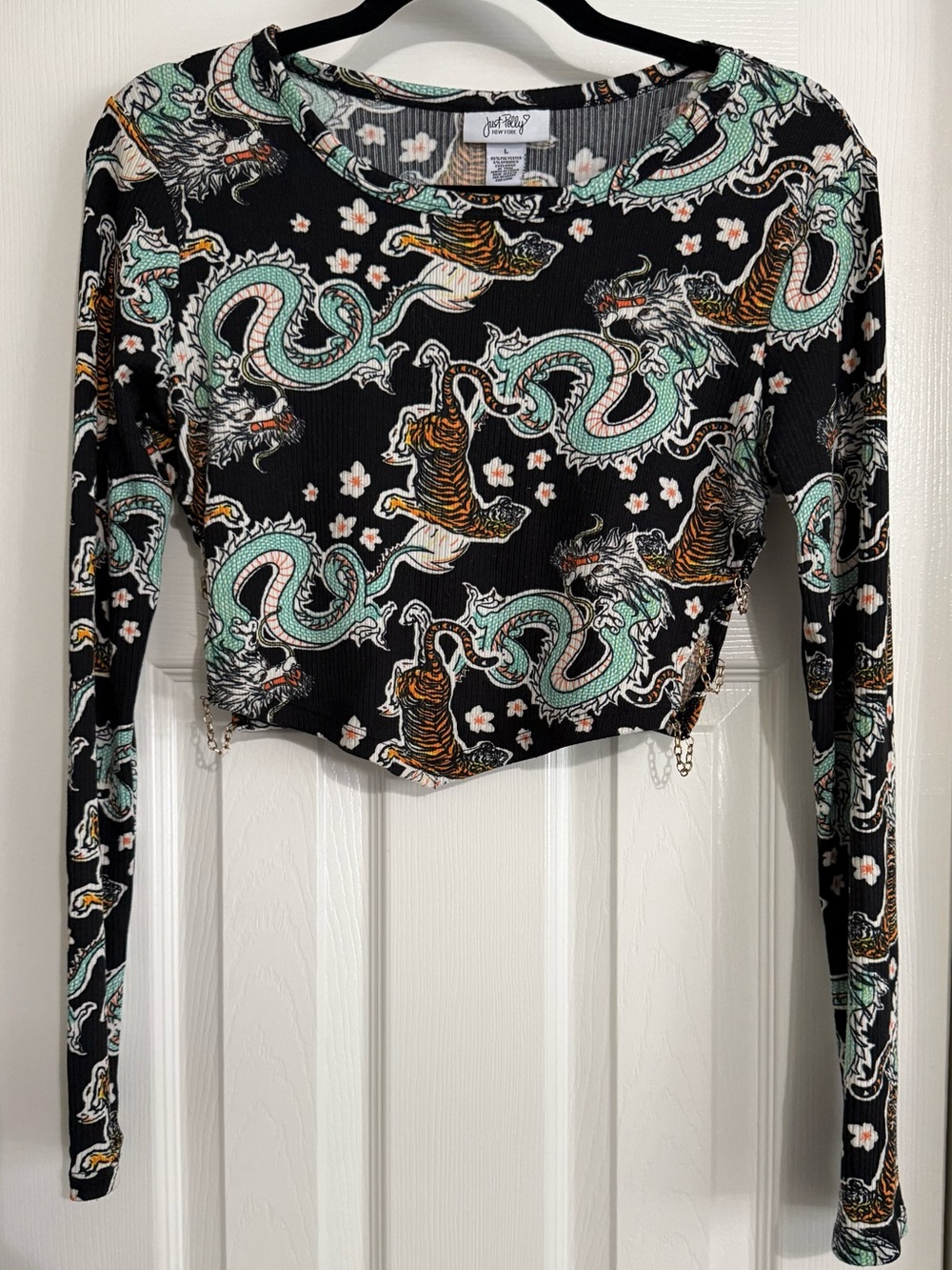 Just Polly Dragon & Tiger Print Long Sleeve Crop Top in Black and Mint